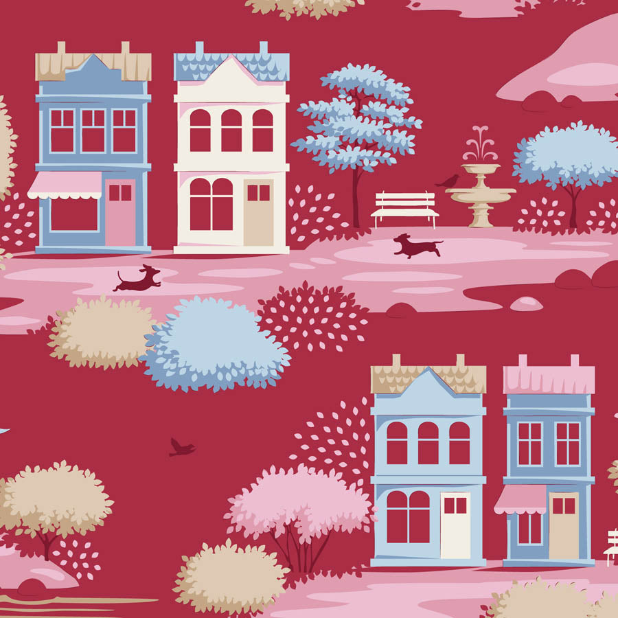 A repeating illustrated pattern of small town houses, trees, benches, dogs, and a fountain on a red background.