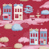 A repeating illustrated pattern of small town houses, trees, benches, dogs, and a fountain on a red background.