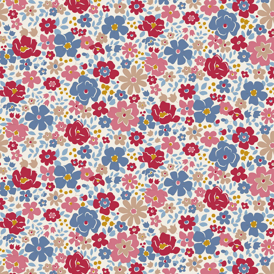 A dense, repeating floral pattern featuring red, pink, blue, and beige flowers with yellow centers on a white background.