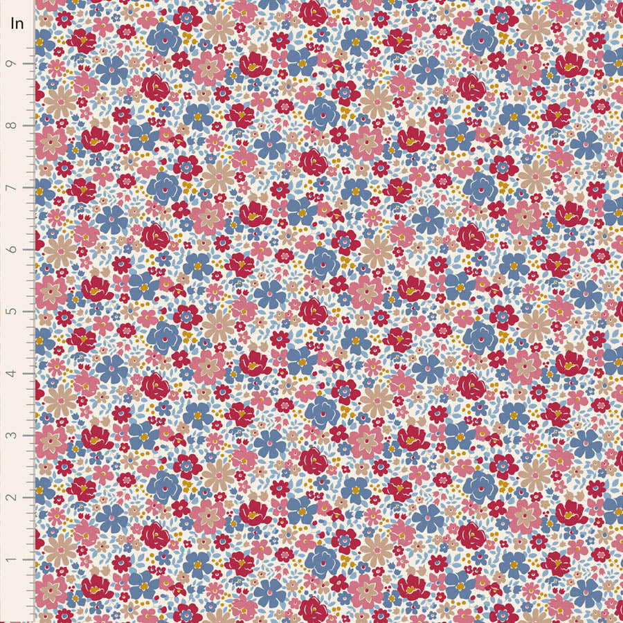 A close-up of a fabric pattern featuring a dense, small-scale floral print in pink, blue, red, and beige on a white background, with a ruler on the left side showing measurements in inches.