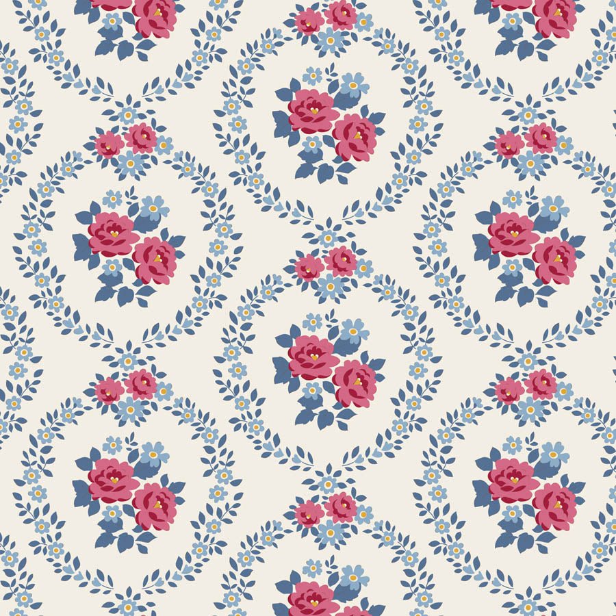 A repeating floral pattern featuring pink roses and small blue flowers framed by blue leafy wreaths on a warm off-white background.