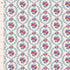 A close-up of a repeating floral fabric pattern with pink roses and blue leaves arranged in a diamond lattice on a warm off-white background. A ruler marked in inches appears along the left edge for scale.