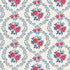 A repeating floral pattern featuring pink roses and small blue flowers framed by blue leafy wreaths on a warm off-white background.