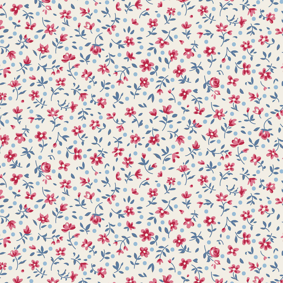 A repeating floral pattern featuring small red flowers, blue leaves, and light blue dots on a warm off-white background.