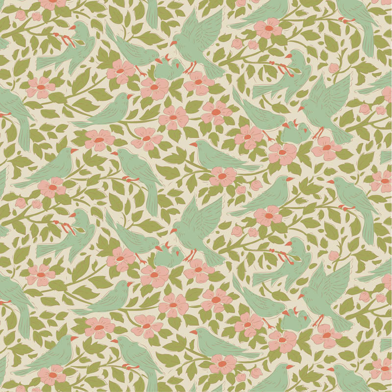 Fabric Tilda Green Ava Songbird by the Quarter Yard TIL100650