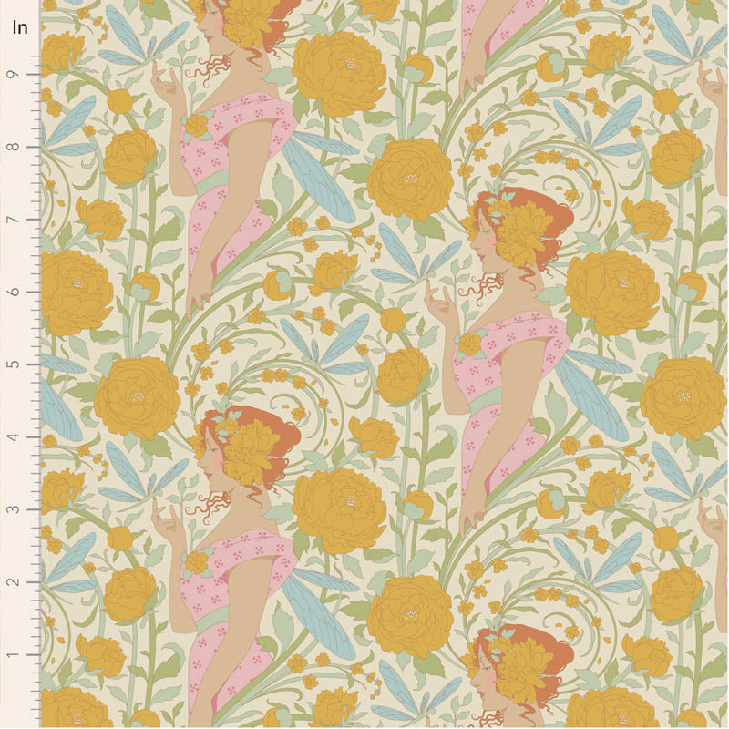 Fabric Tilda Mustard Aubery Songbird by the Quarter Yard TIL100656