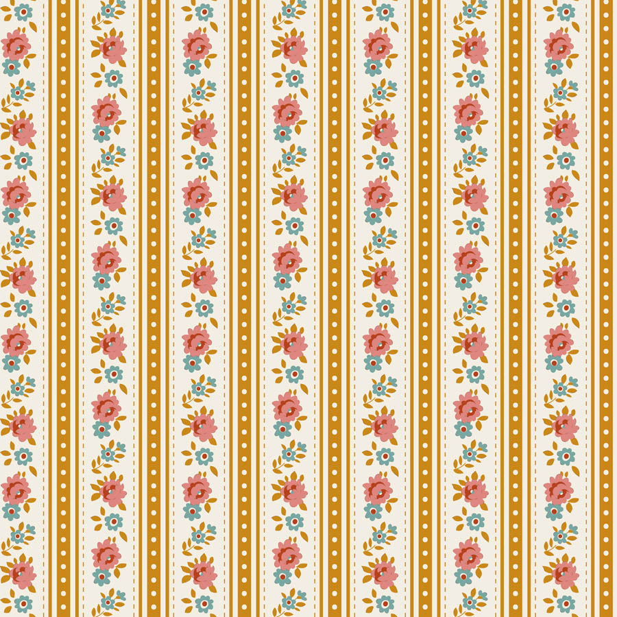 Pattern of pink flowers and blue leaves on a beige background with gold stripes.