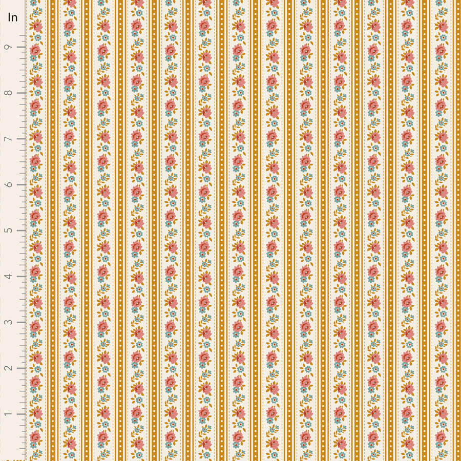 Floral striped pattern on a fabric swatch with a ruler for scale.