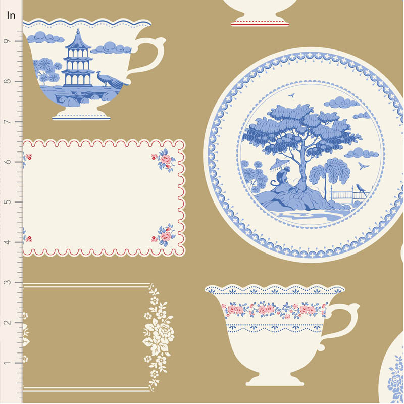 Fabric Tilda Ochre Labels & Ornaments Something Blue by the Quarter Yard TIL110172