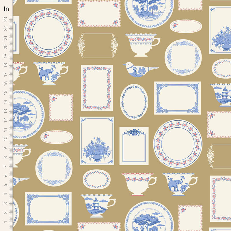 Fabric Tilda Ochre Labels & Ornaments Something Blue by the Quarter Yard TIL110172