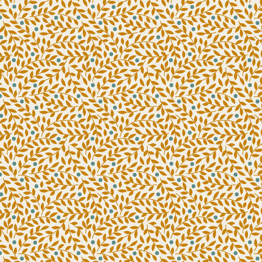 A seamless repeating pattern featuring stylized golden-brown leafy branches and small teal-blue dots on a warm off-white background.