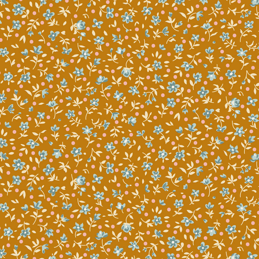 A repeating floral pattern featuring small light blue flowers, pale yellow leaves, and pink dots on a warm mustard-orange background.
