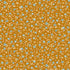 A repeating floral pattern featuring small light blue flowers, pale yellow leaves, and pink dots on a warm mustard-orange background.