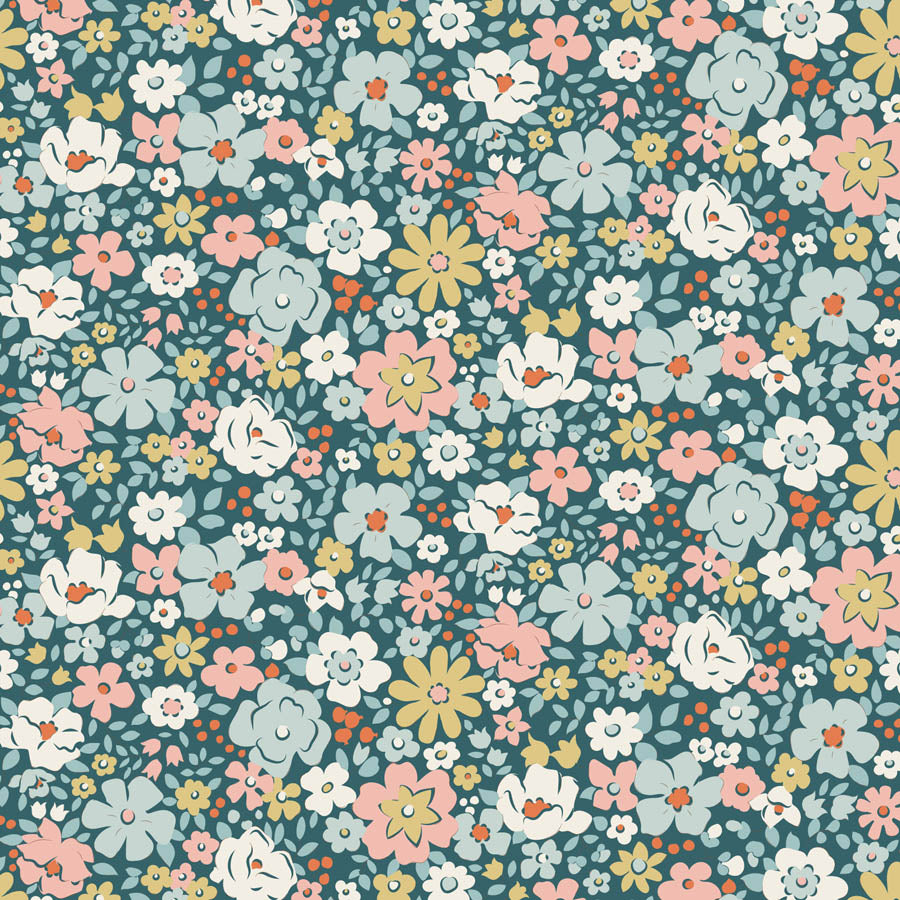 Pattern of small flowers in various colors on a blue background