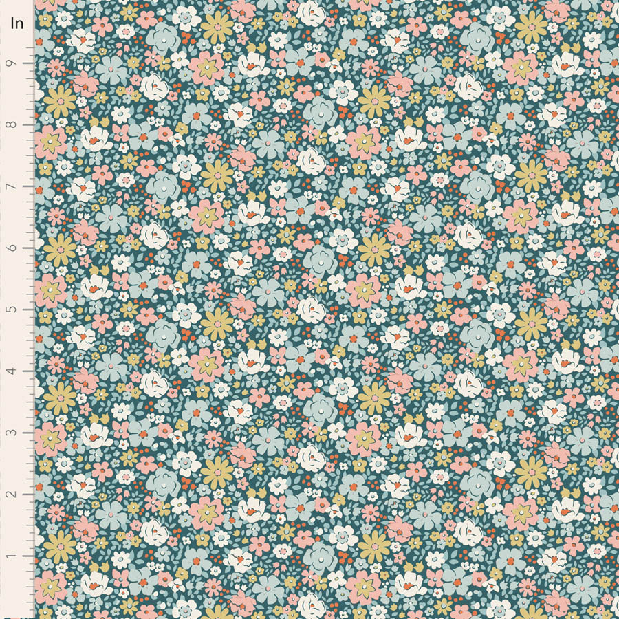 Floral fabric pattern with small flowers on a teal background