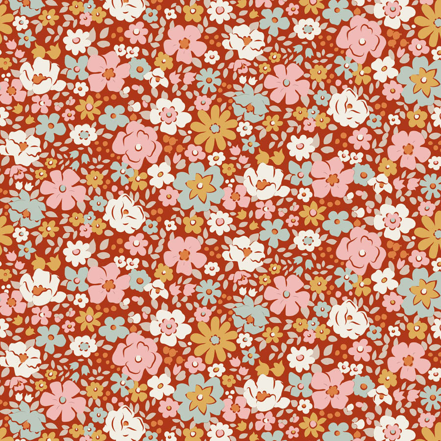 Floral pattern with small flowers in pink, white, and blue on a red background