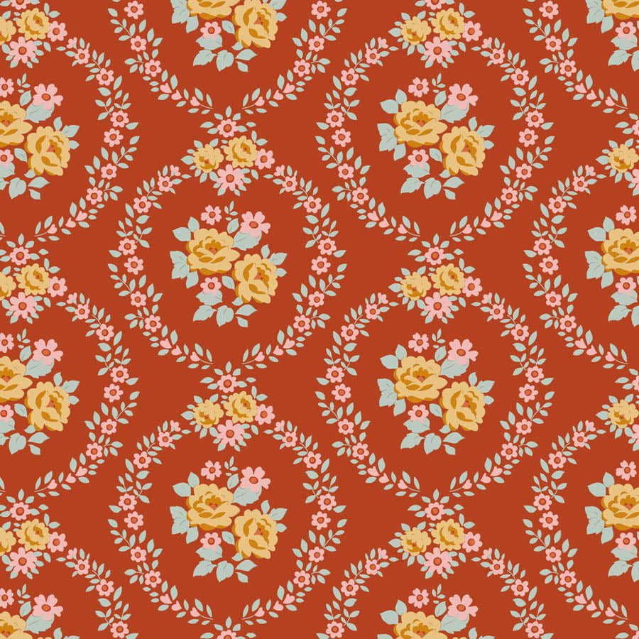Floral pattern with yellow, pink, and blue flowers on a red background