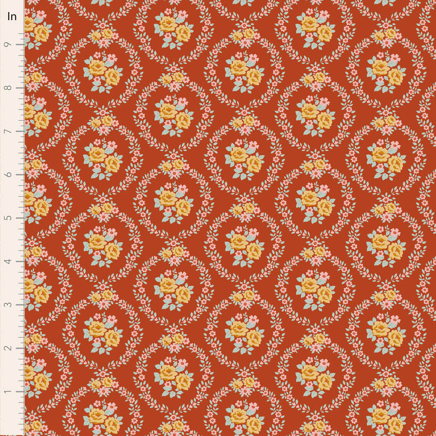 Floral patterned fabric with concentric circles on a red background