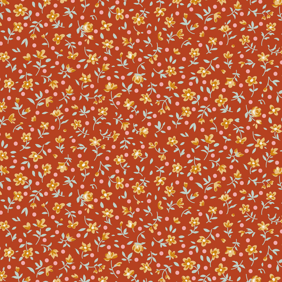 A repeating floral pattern on a warm rust-orange background, featuring small yellow flowers, pale blue leaves, and scattered light pink dots.