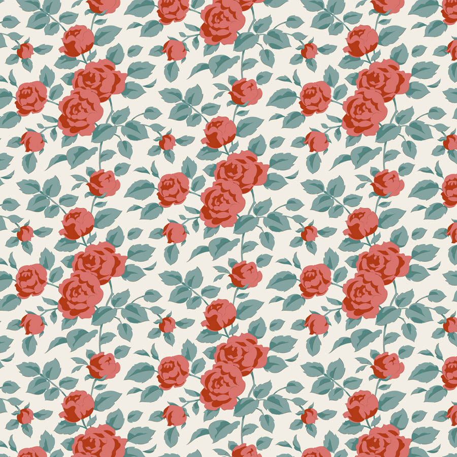 A repeating floral pattern featuring coral-red roses and muted teal-green leaves on a warm off-white background.