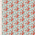 A close-up of a floral fabric pattern featuring red roses and teal leaves on a white background, with a measuring ruler visible along the left edge.