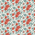 A repeating floral pattern featuring coral-red roses and muted teal-green leaves on a warm off-white background.