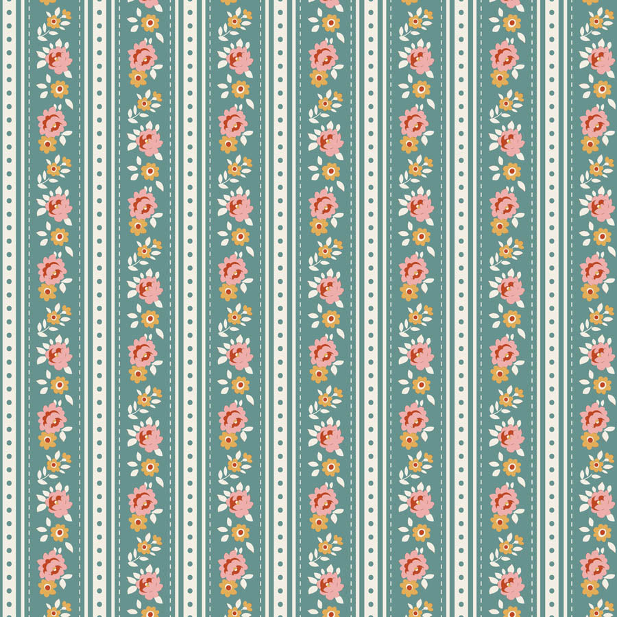 Floral pattern with vertical stripes on a teal background