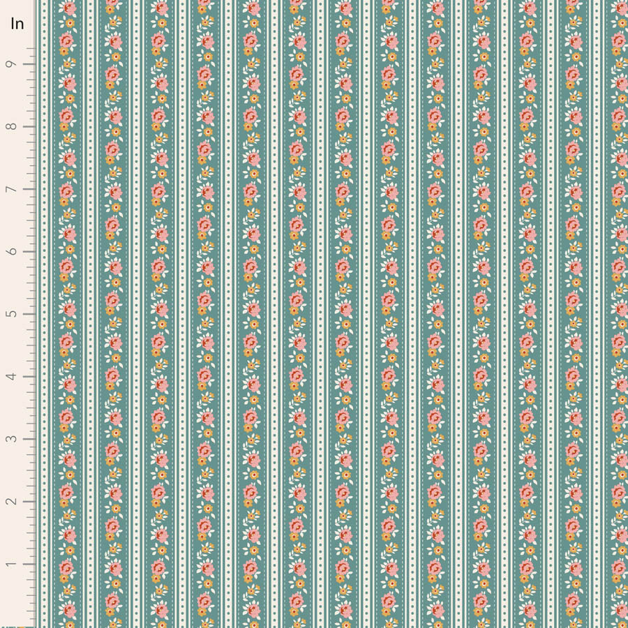 Floral striped pattern with a ruler on a teal background