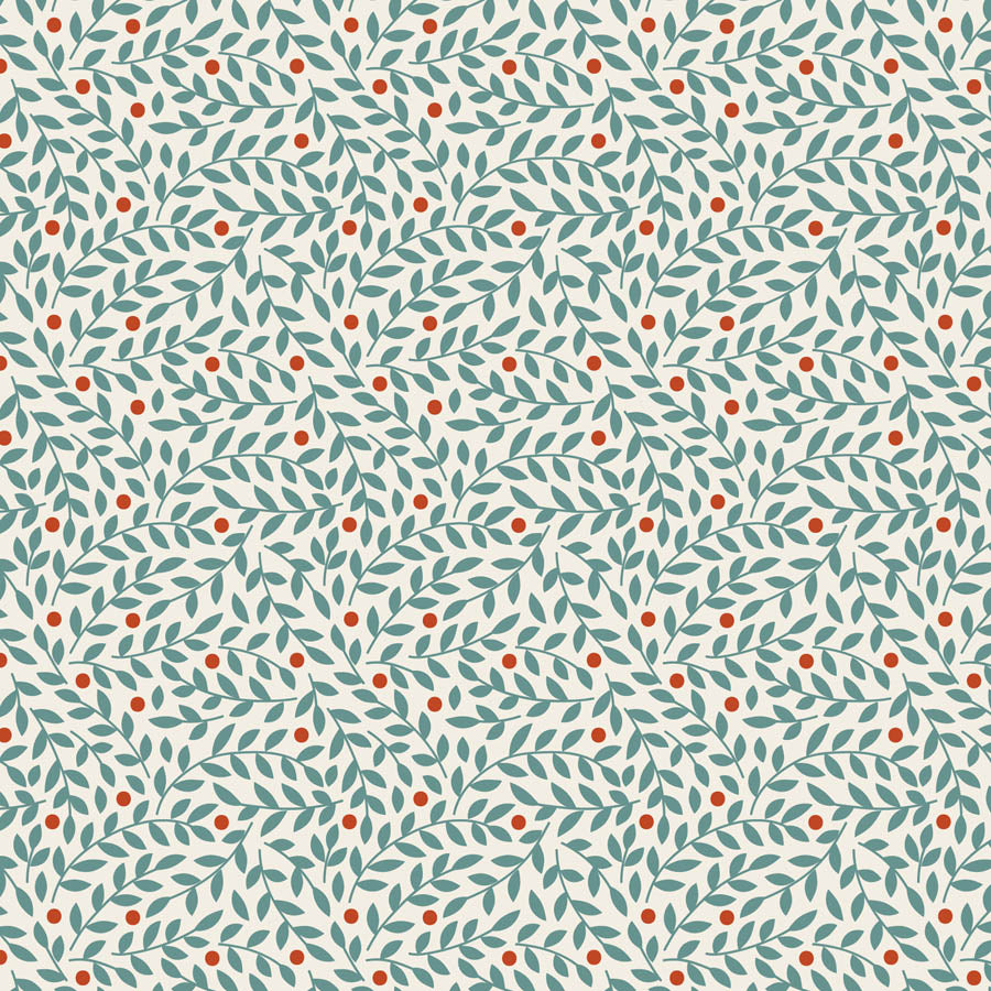 A repeating botanical pattern featuring sage green leaves and small orange berries on a warm off-white background.