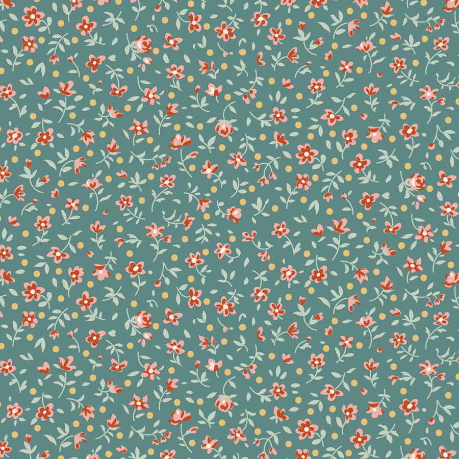 A repeating floral pattern on a muted teal background, featuring small red and pink flowers with pale green leaves and scattered small gold dots.