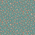 A repeating floral pattern on a muted teal background, featuring small red and pink flowers with pale green leaves and scattered small gold dots.
