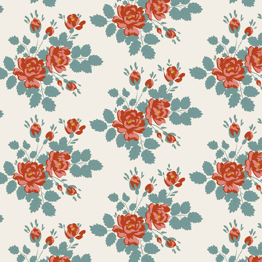 Floral pattern with red and green flowers on a white background