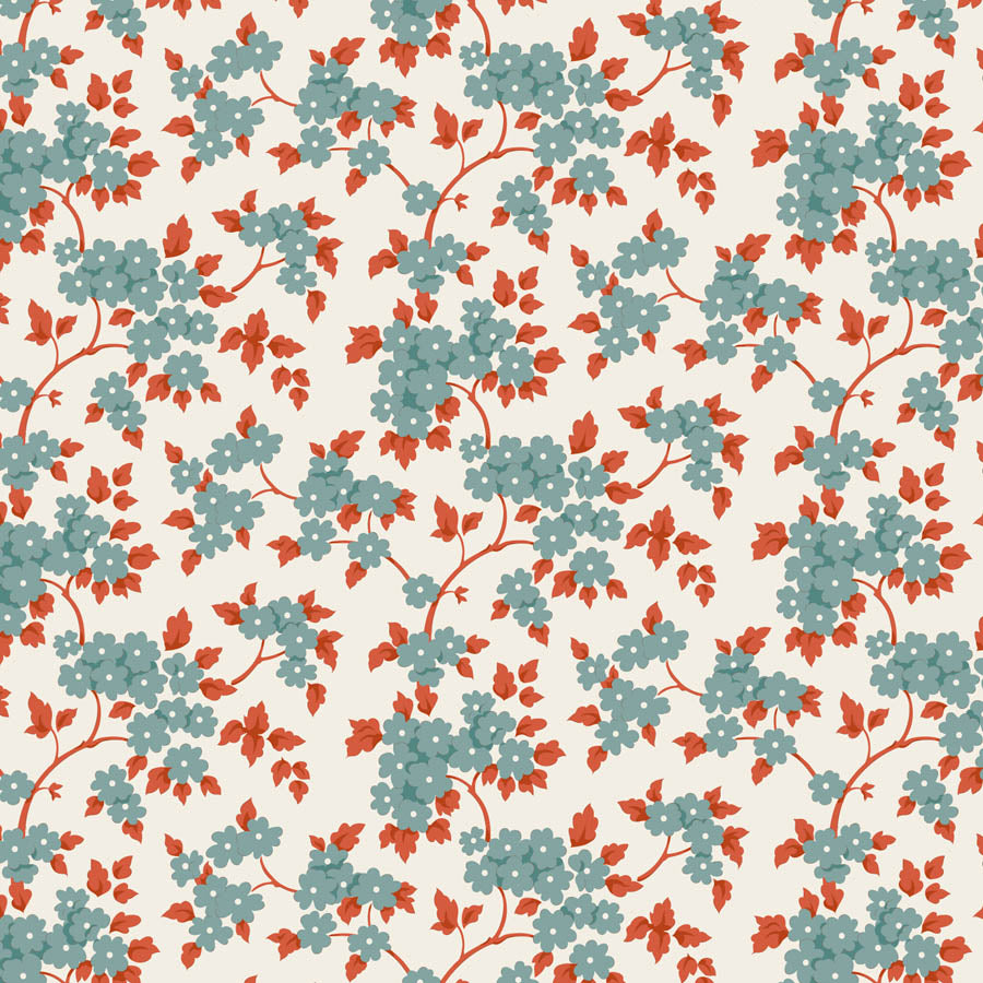 A repeating floral pattern with small light blue flowers and orange-red leaves on branching vines over a warm off-white background.
