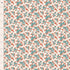 A close-up of a repeating floral pattern on fabric, showing small blue-green leaves and orange-red blossoms on a warm cream background, with a ruler along the left edge for scale.