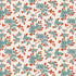 A repeating floral pattern with small light blue flowers and orange-red leaves on branching vines over a warm off-white background.