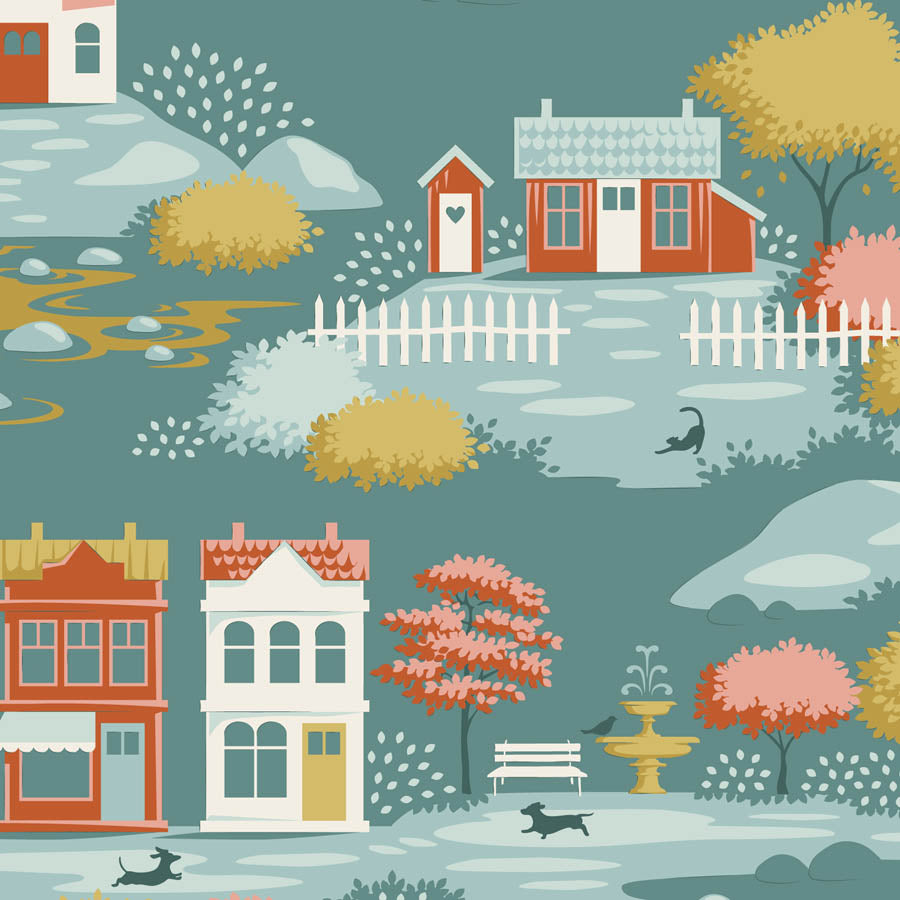 A stylized illustrated scene with small houses, trees, a fountain, benches, dogs, and a river on a muted blue-green background.