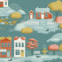 A stylized illustrated scene with small houses, trees, a fountain, benches, dogs, and a river on a muted blue-green background.