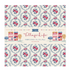 A fabric stack labeled 'Tilda' and 'VillageLife' shown as a 10 x 10 in, 40-piece set. The fabric features a repeating pattern of pink roses and blue foliage in circular wreaths on a cream background, with a central band showing colorful village houses and bunting.