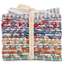 Stack of colorful fabric bundles with a visible brand label on a white background