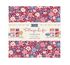 A square paper charm pack labeled 'Tilda's Village Life Charm Pack' with a floral pattern in pink, blue, and white on a burgundy background, plus small illustrated houses and trees on the center label.
