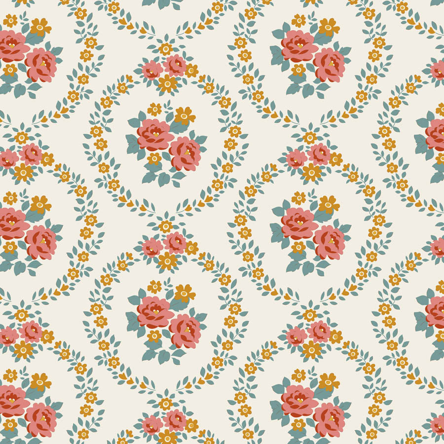 A repeating floral pattern on a warm off-white background, featuring pink roses, small yellow flowers, and teal-green leaves arranged in oval and diamond motifs.
