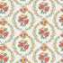 A repeating floral pattern on a warm off-white background, featuring pink roses, small yellow flowers, and teal-green leaves arranged in oval and diamond motifs.
