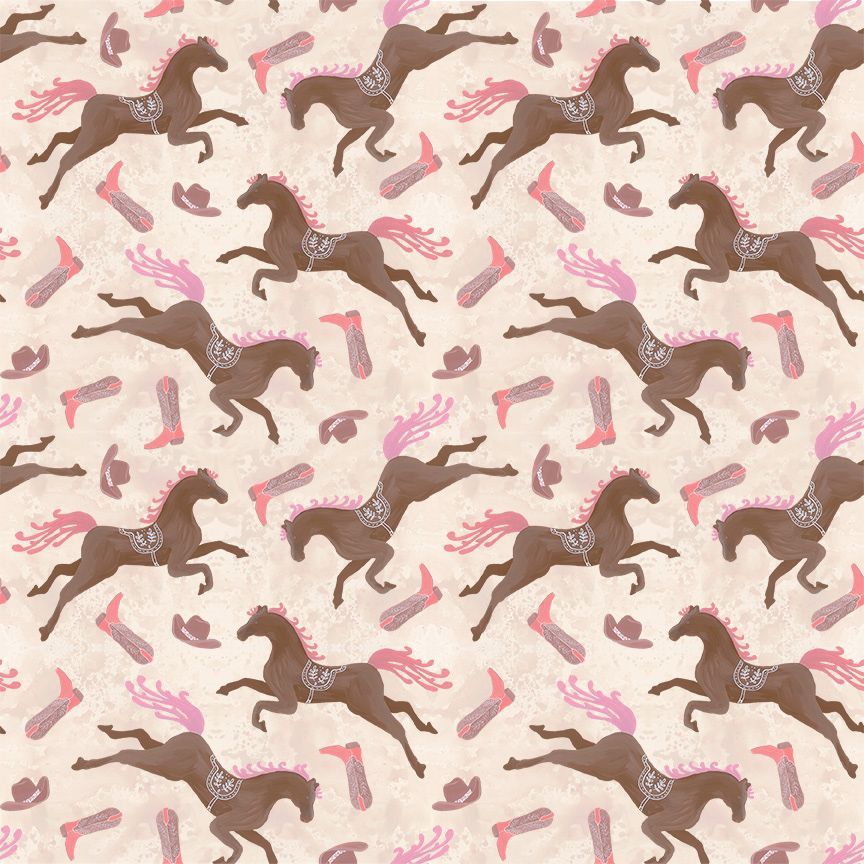 A repeating pattern featuring brown horses with pink manes/fences and scattered pink and brown boot motifs on a light beige textured background.