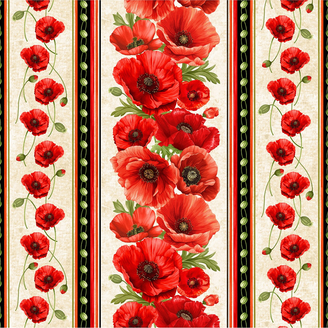 Fabric Timeless Treasures Beige Poppy Floral Stripes Poppy Passion by the Quarter Yard CD3803-BEIGE