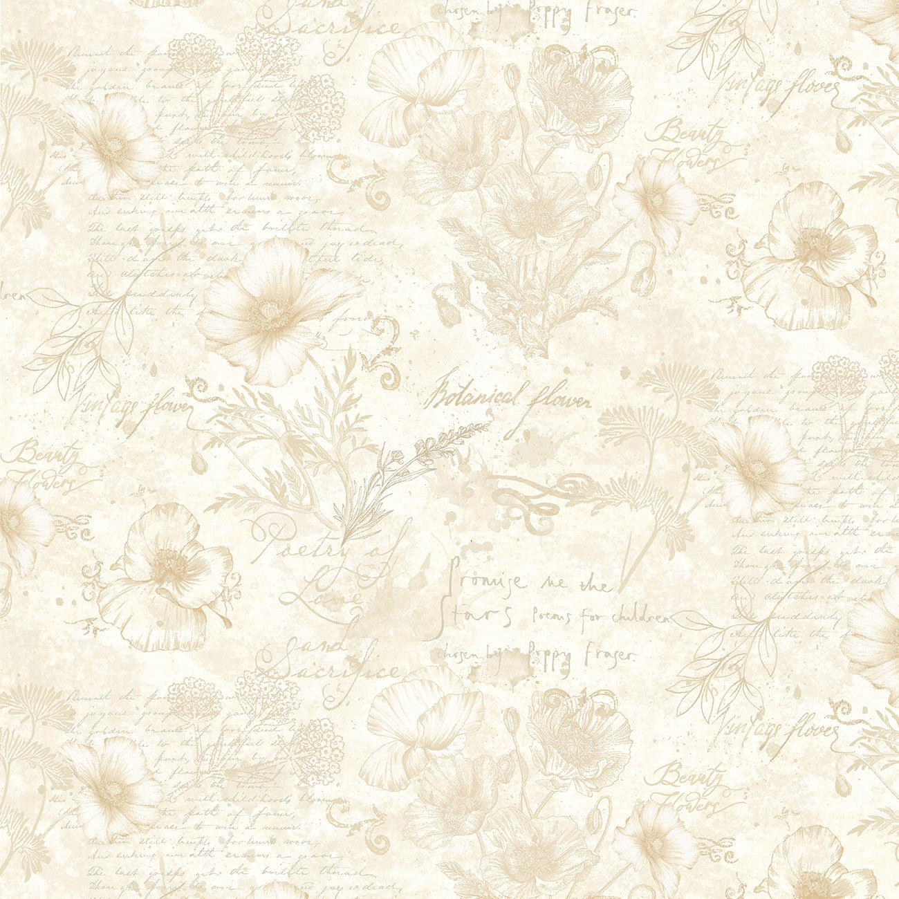 Fabric Timeless Treasures Beige Poppy Toile on Text Poppy Passion by the Quarter Yard CD3807-BEIGE