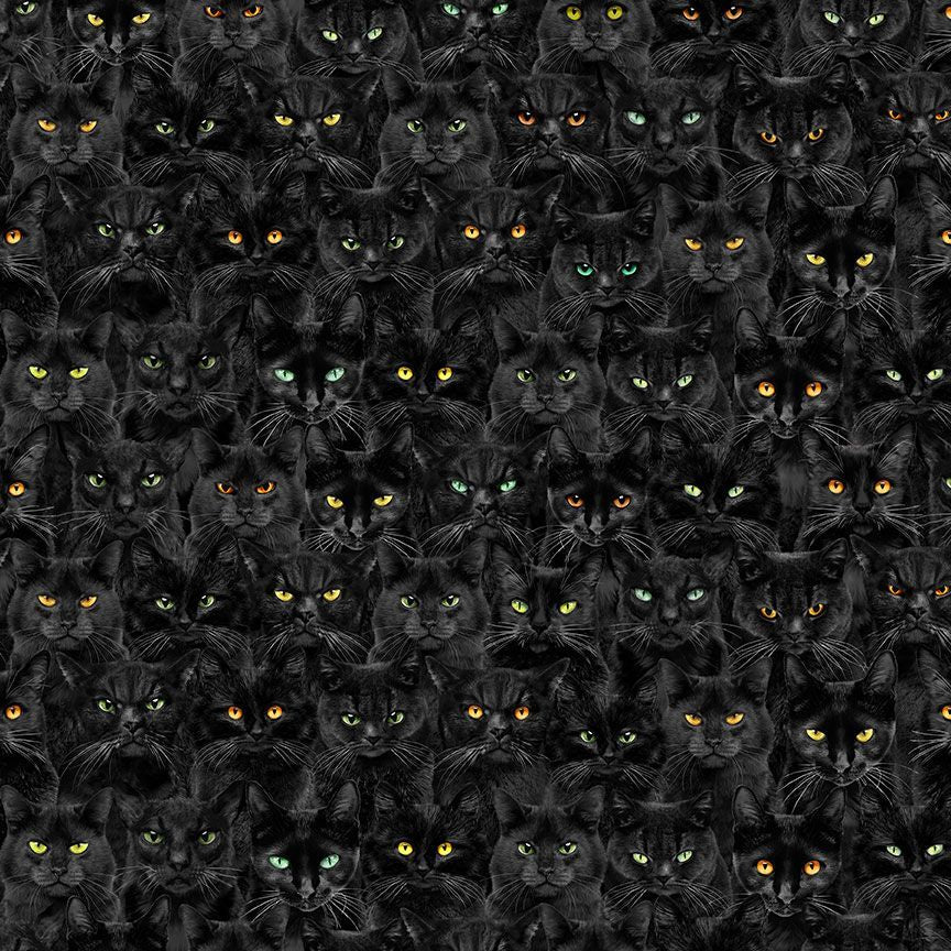 Pattern of black cats with various colored eyes on a black background