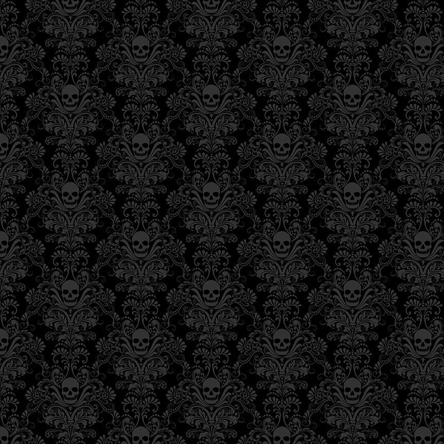 Dark gray skull and floral pattern on a black background