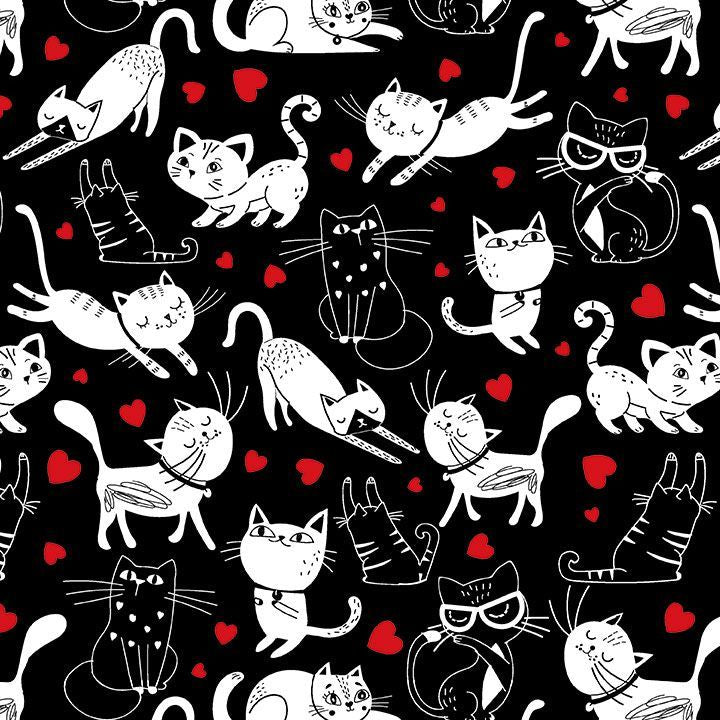 Fabric Timeless Treasures Black Tossed Cats & Hearts Smitten Kitten by the Quarter Yard CAT-CD3833