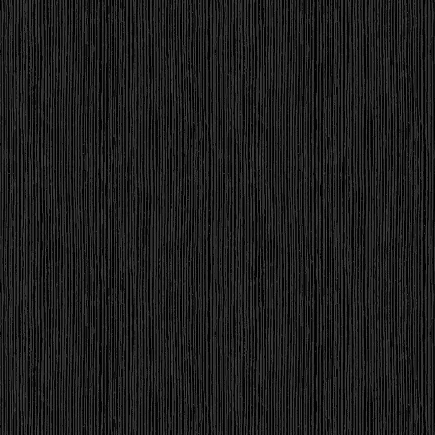 A close-up texture of a black ribbed fabric with fine vertical stripes.