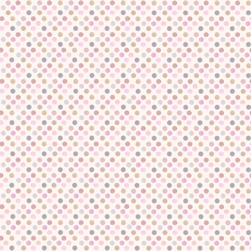 A repeating pattern of small pastel polka dots in pink, beige, gray, and white on a white background.